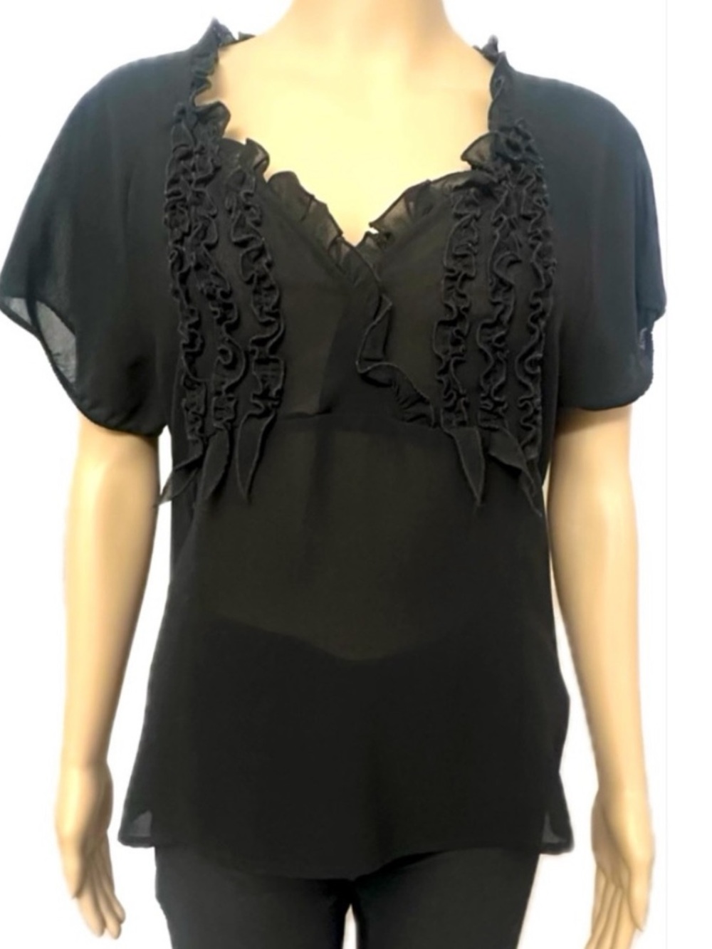 Oscar de la Renta Black Ruffle V-Neck Sheer Blouse